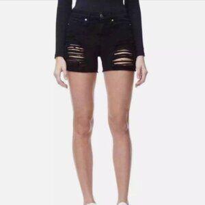 Good American Distressed High Waist Black Denim Shorts size 12/31